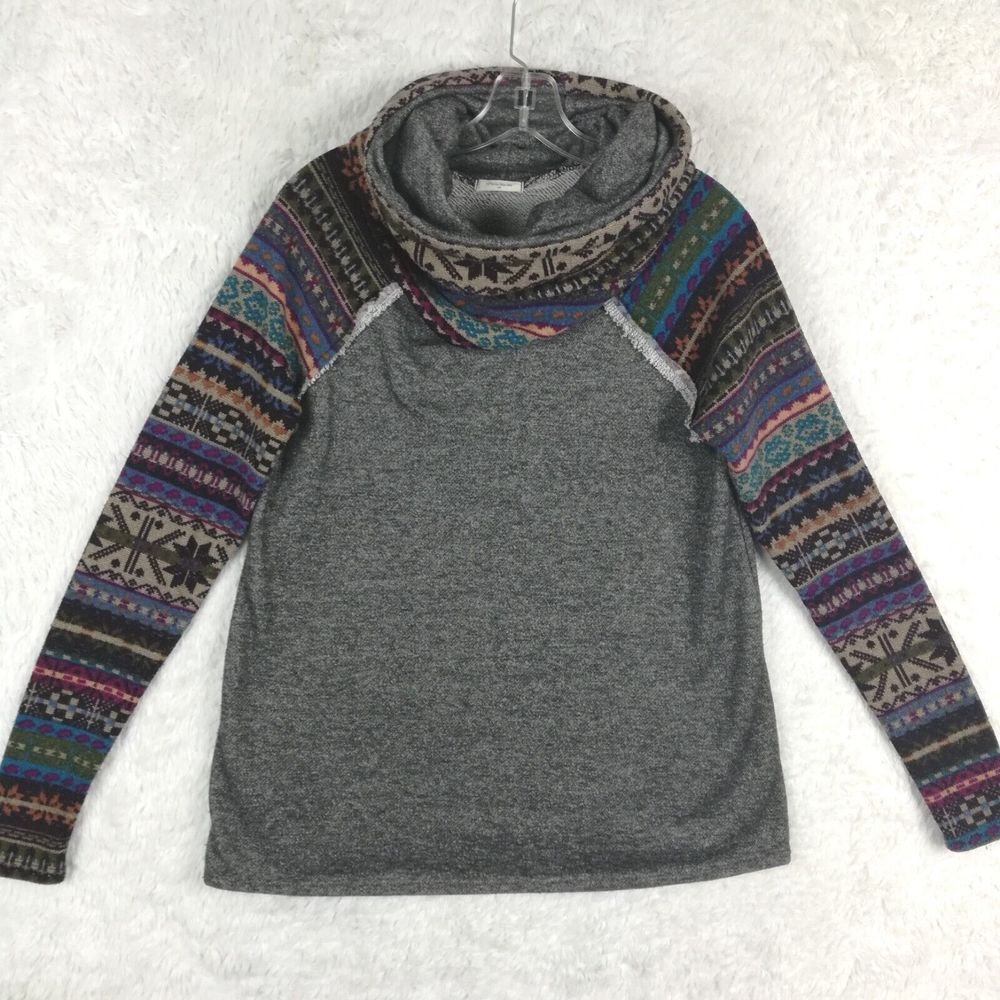 12pm Mon Ami Womens Sweater Cowl Neck Aztec Print Colorblock Gray Multicolor S